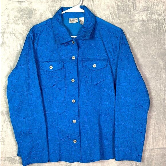 Chicos Blue Rose Pattern Full Button Up Collared Top Blouse Jacket Size 2 - Picture 1 of 10